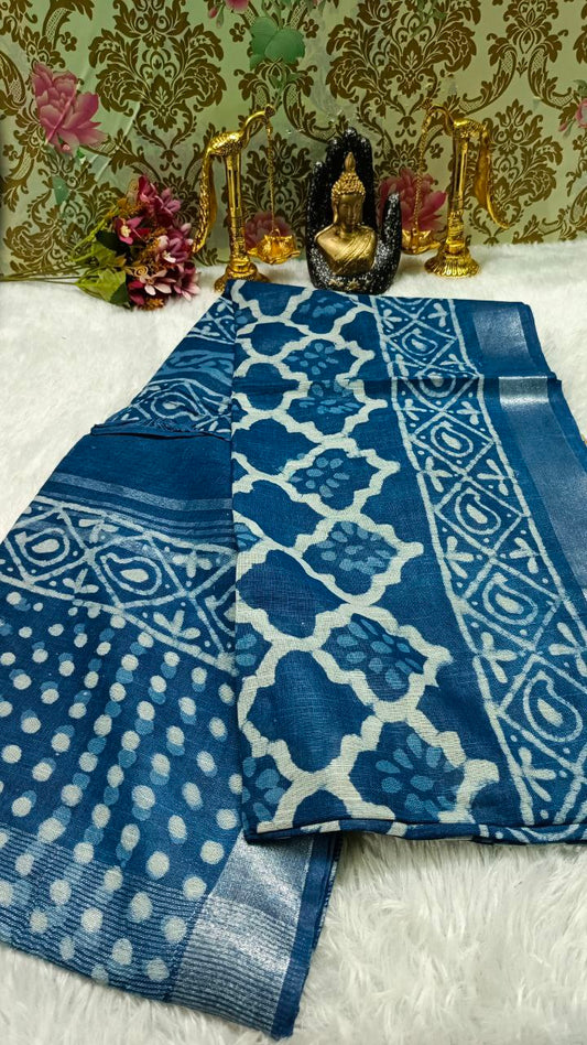Blue Vegan ethnic dabu dyed linen saree HA25447