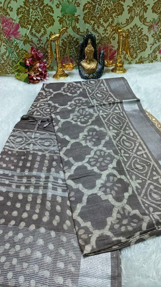 Brown Vegan ethnic dabu dyed linen saree HA25445