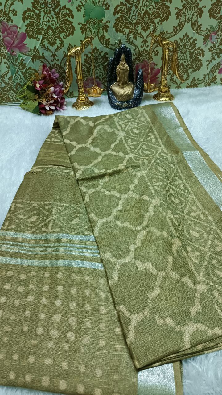 Green Vegan ethnic dabu dyed linen saree HA25443