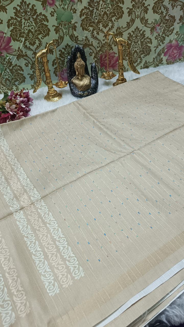 Beige striped vegan baswada tussar saree SA25571