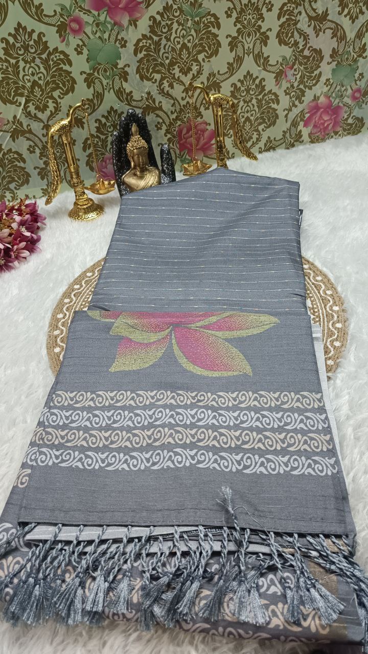 Grey striped vegan baswada tussar saree SA25566
