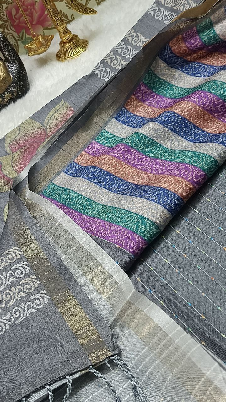 Grey striped vegan baswada tussar saree SA25566