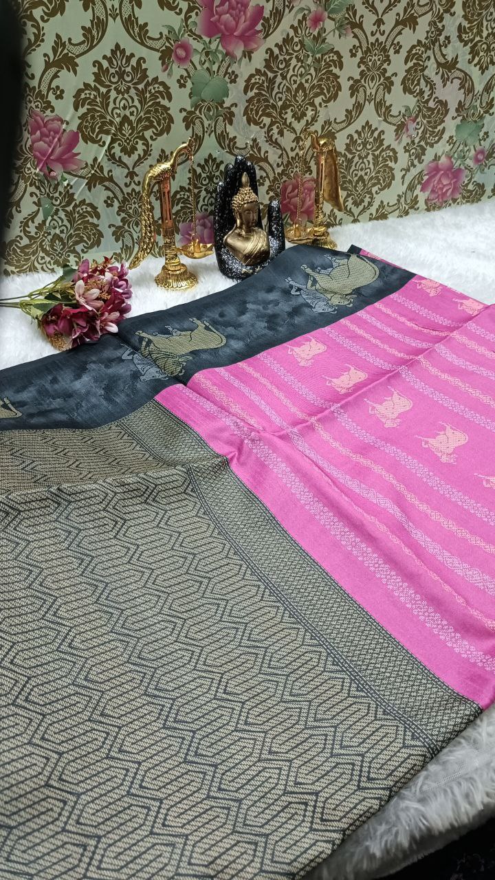 Pink Tinkha Cow Vegan tussar saree SA25614