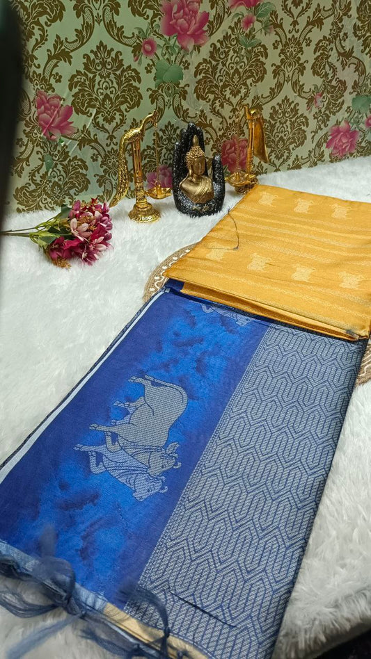 Yellow Tinkha Cow Vegan tussar saree SA25616