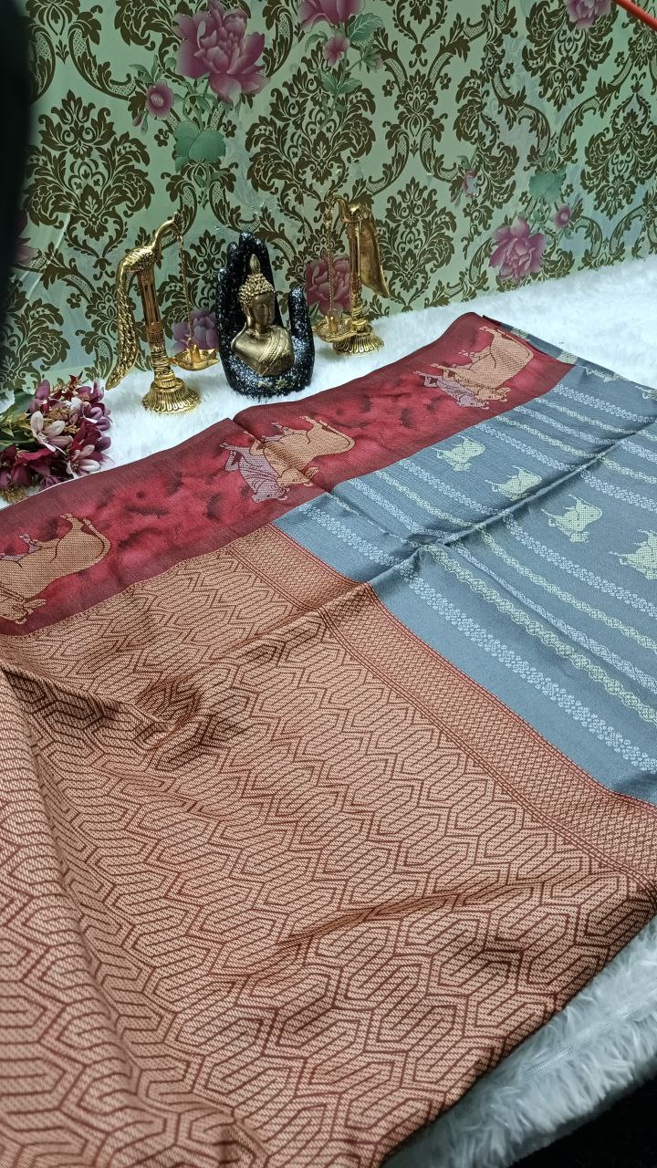 Grey Tinkha Cow Vegan tussar saree SA25619