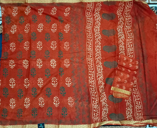Rust orange Pina cola Vol 2 Vegan mull cotton saree HA25482