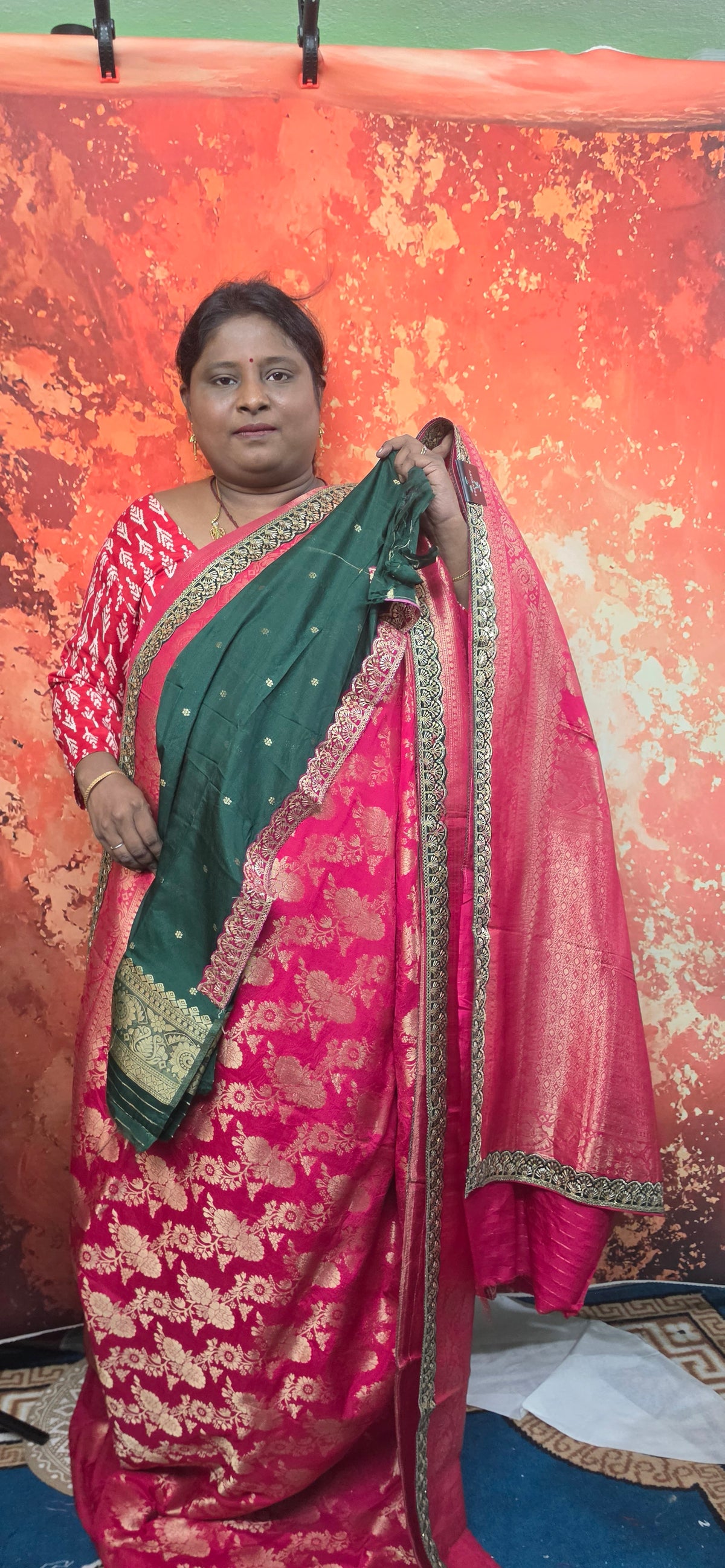 Reddish pink with green Royal banarasi vegan kaddi georgette saree JA25330