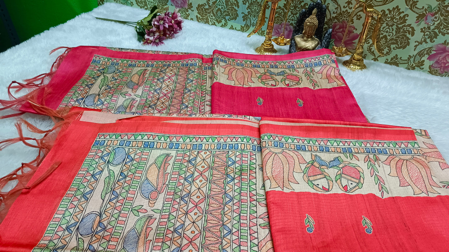 Red Madhubani Vegan Tussar Saree SA25701