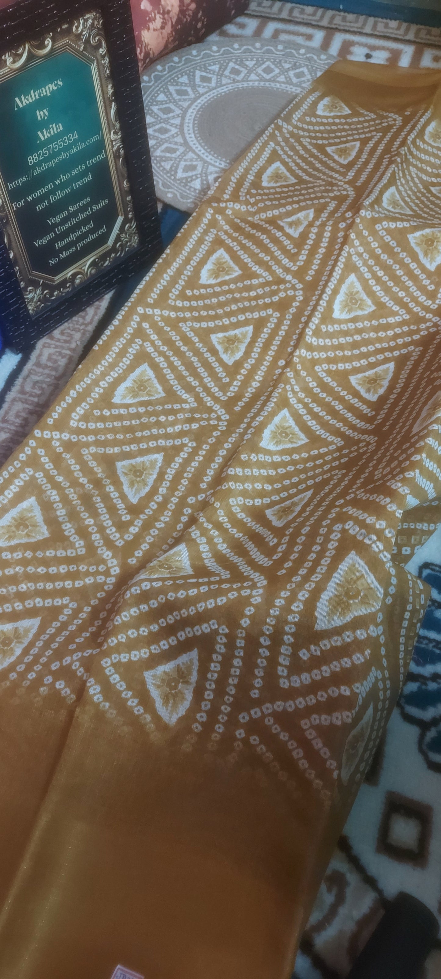 Mustard bandhini Vegan linen Zari border saree JA26045