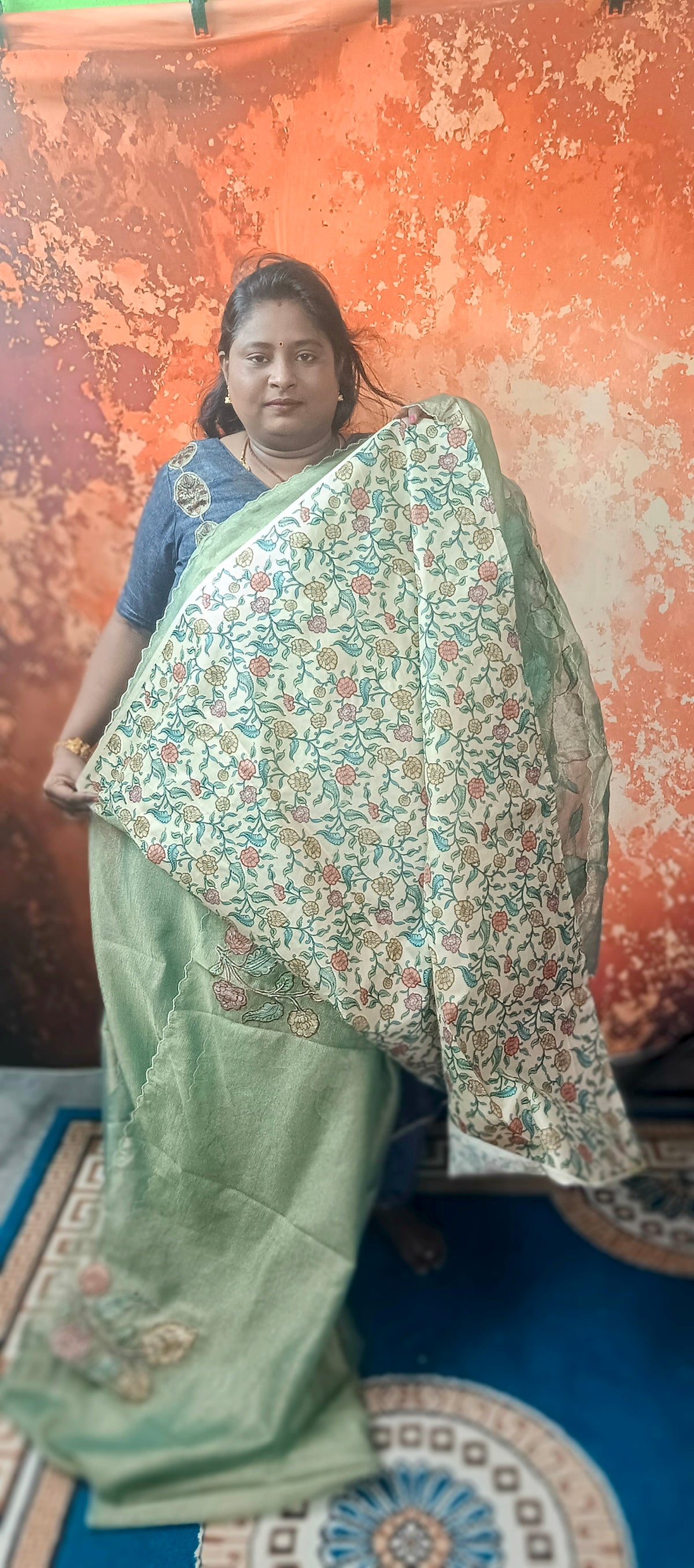 Green Floral symphony applique vegan tissue saree SA25714