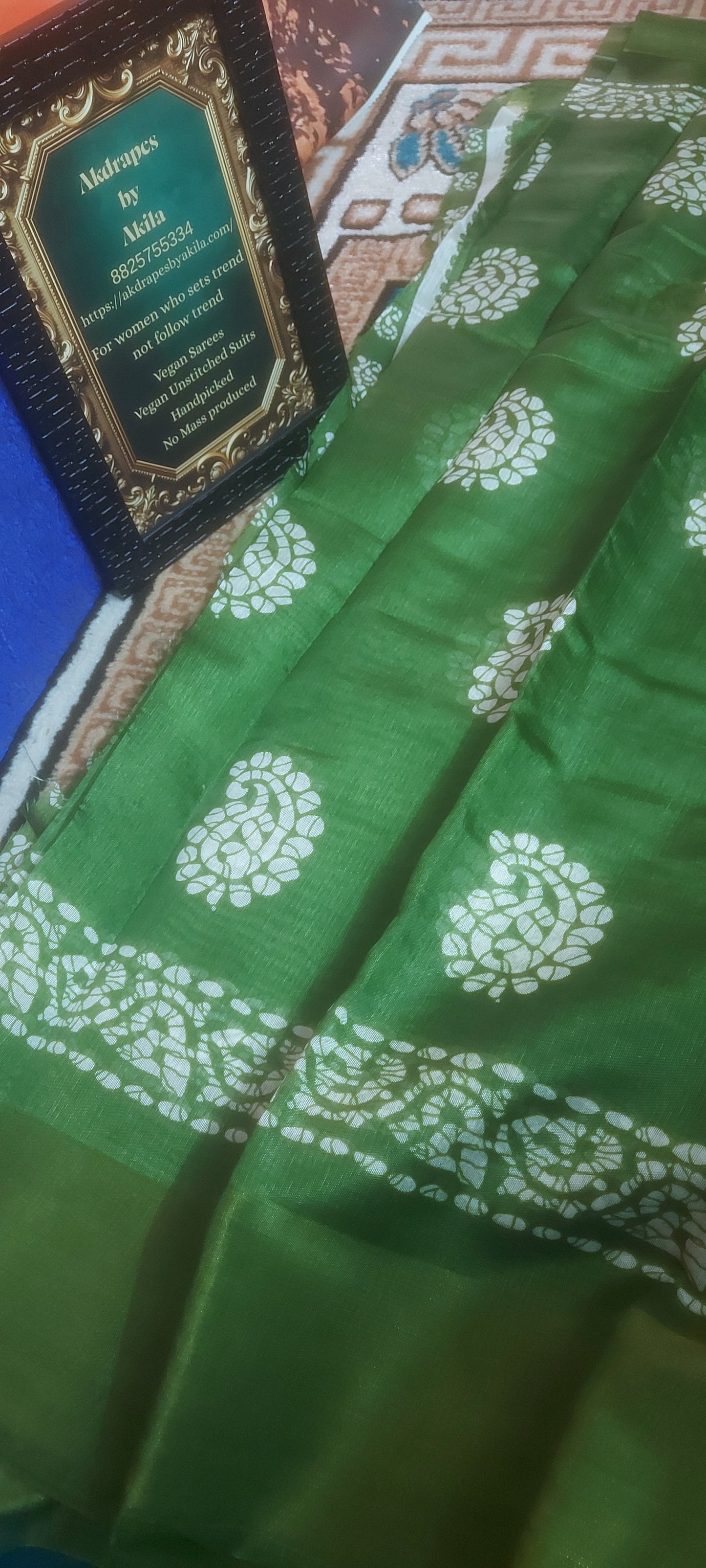 Fern Green Mango Batik linen zari border saree JA26028