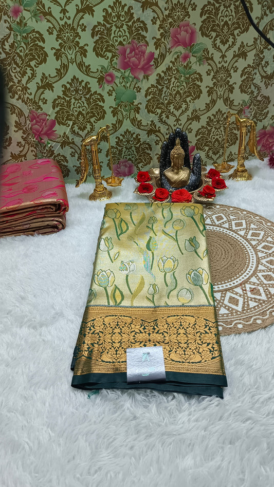 Green Tulika golden bridal tissue Vegan kanchi saree
