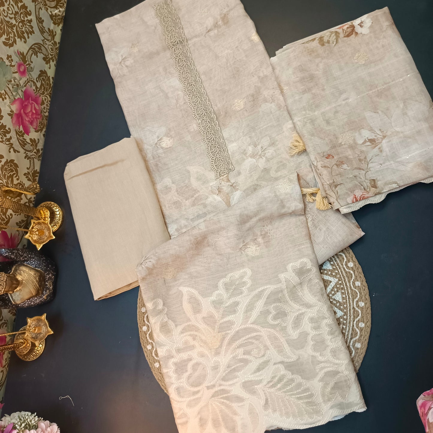 Beige Linen Jamdhani Cutwork vegan Unstitched Suit PA25067
