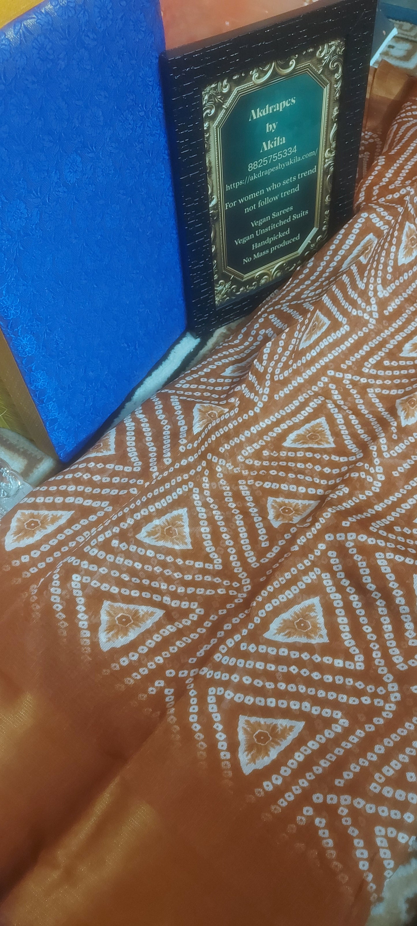 Rust Orange bandhini Vegan linen Zari border saree JA26040