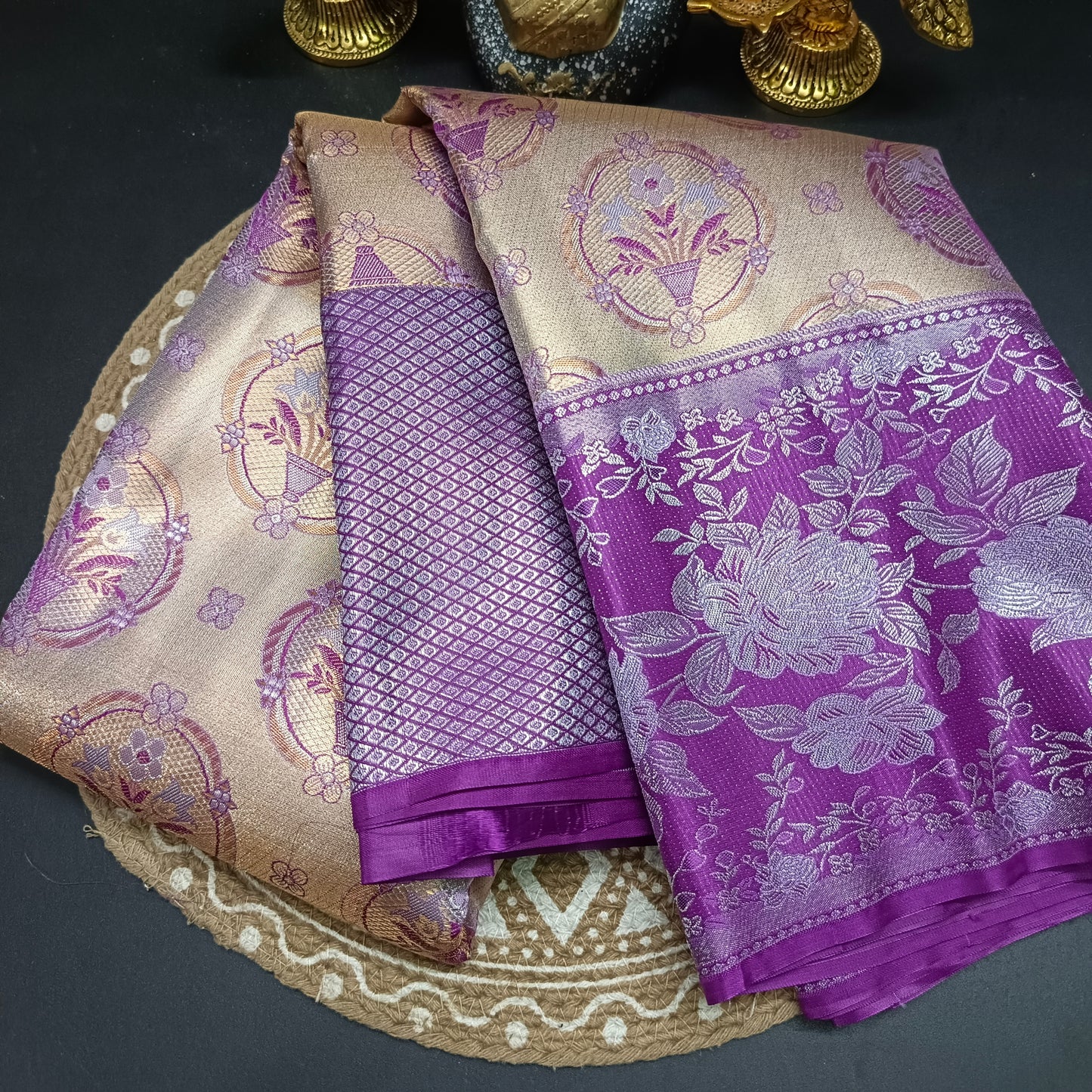 Gold with majenta Neelambari vegan tissue bridal kanchi silk saree LA25940