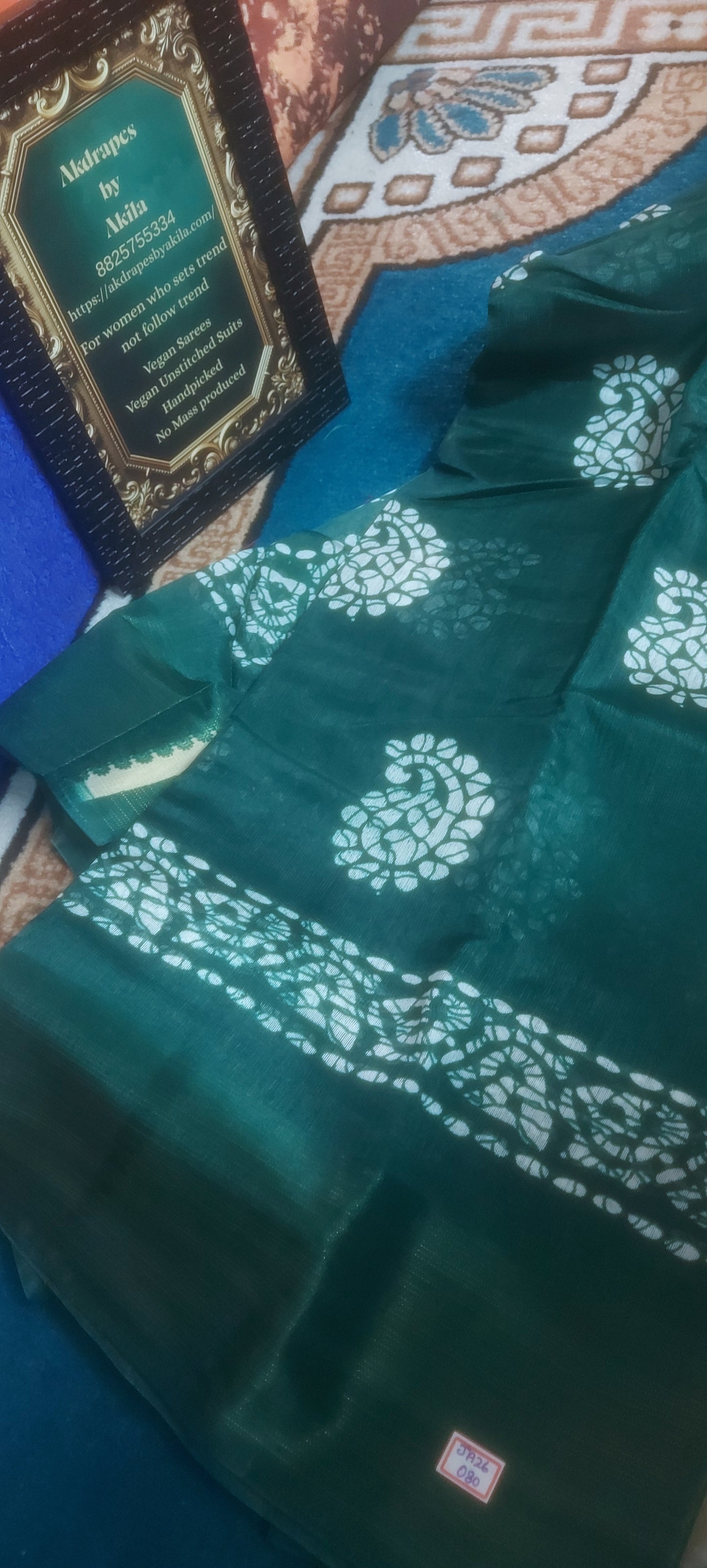 Bottle Green Mango Batik linen zari border saree JA26030
