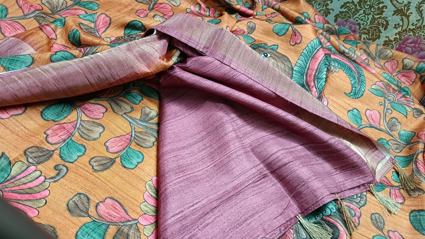 Rust orange khushboo digital printed kalamkari vegan tussar saree SA25693