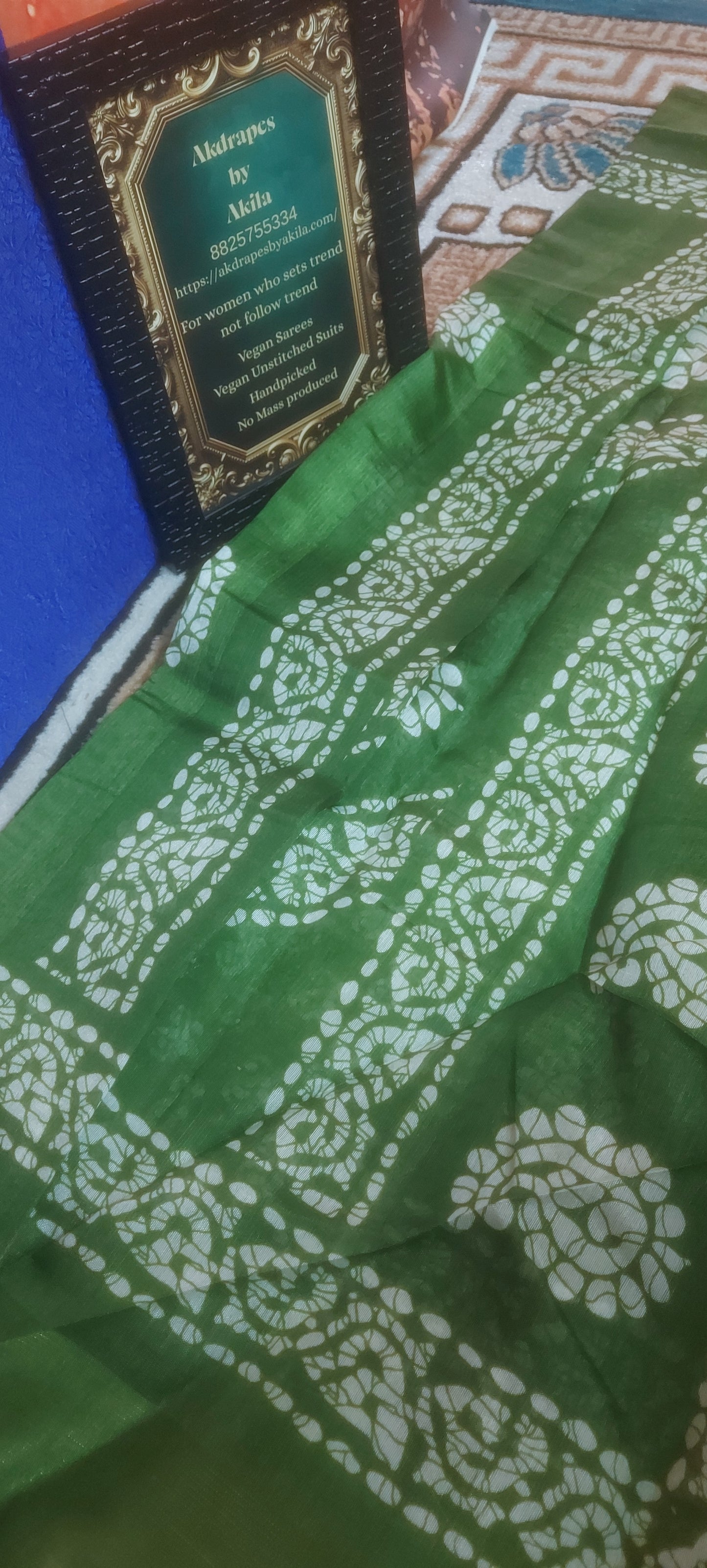 Fern Green Mango Batik linen zari border saree JA26028