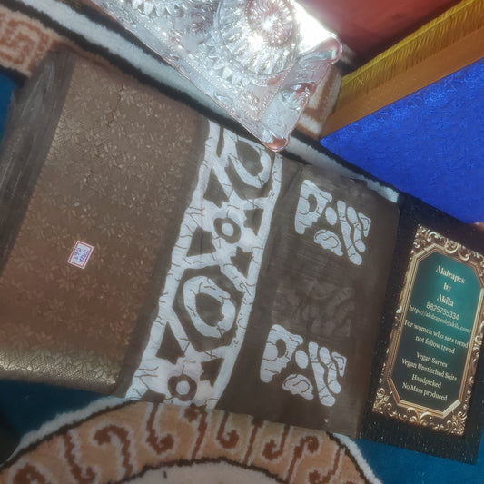 Grey vegan linen batik weaving border saree JA26063
