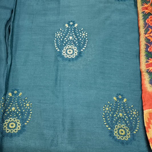 Peacock blue ted embroidery Vegan chinnon Unstitched suits HA25394