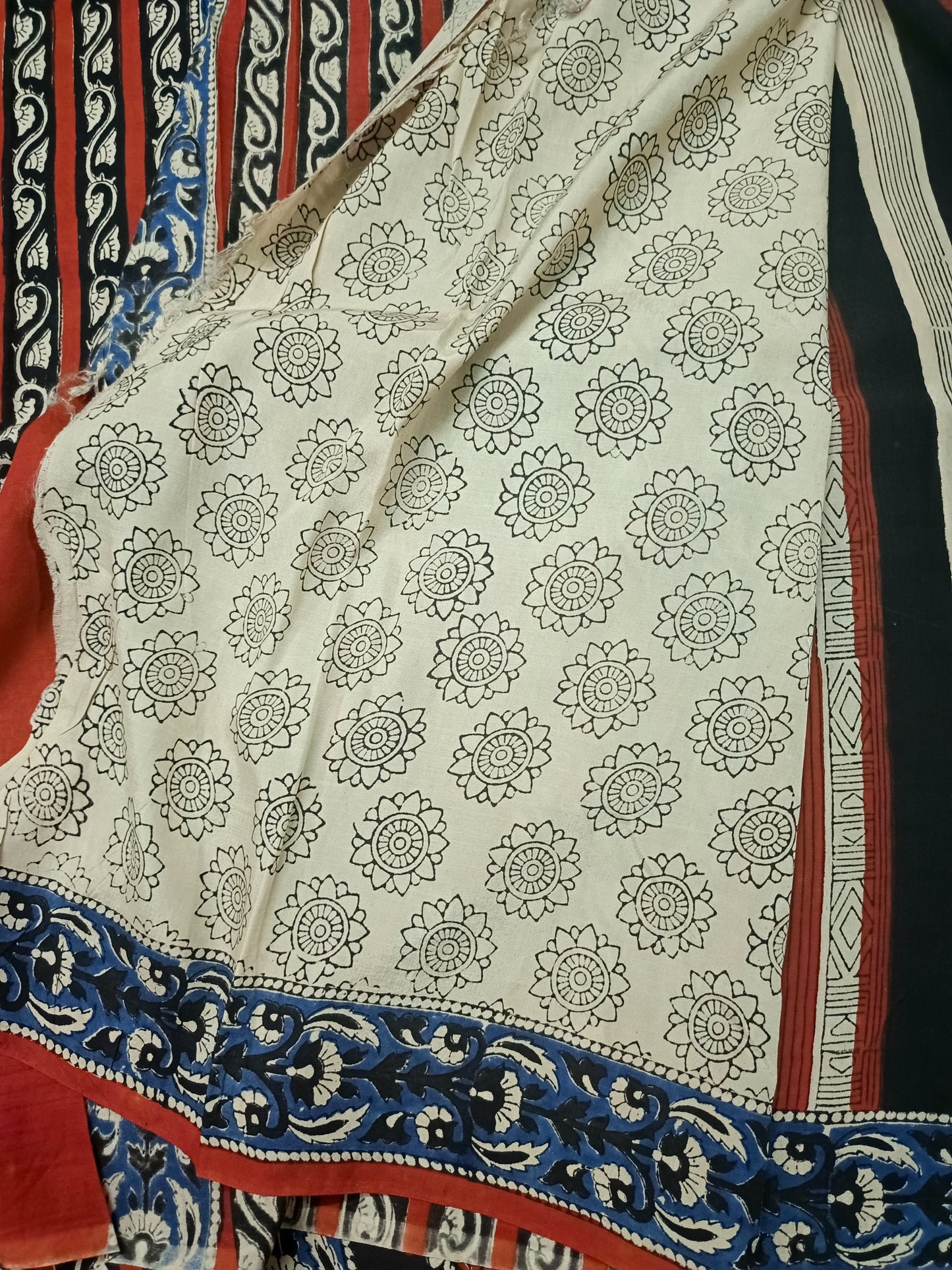 Red Black Vegan assam silk cotton bagru printed saree HA25534
