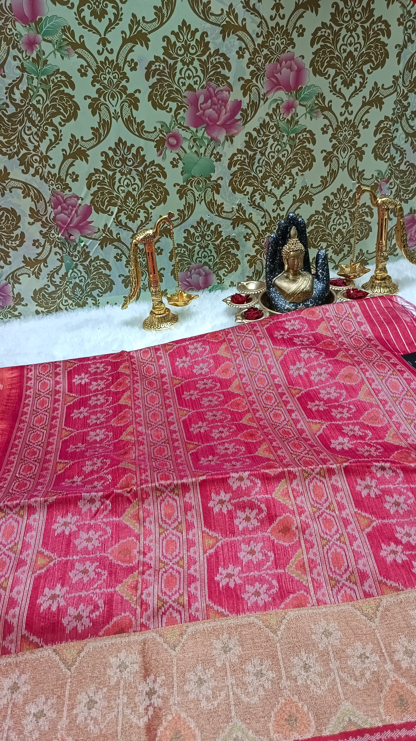 Peach with Pink Zigzag Handweave Ikkat Vegan silk cotton saree HA25431