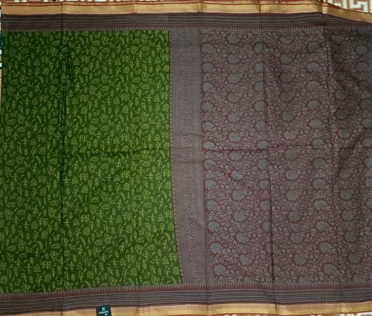 Green Warli kala Vegan Muslin cotton saree HA25481