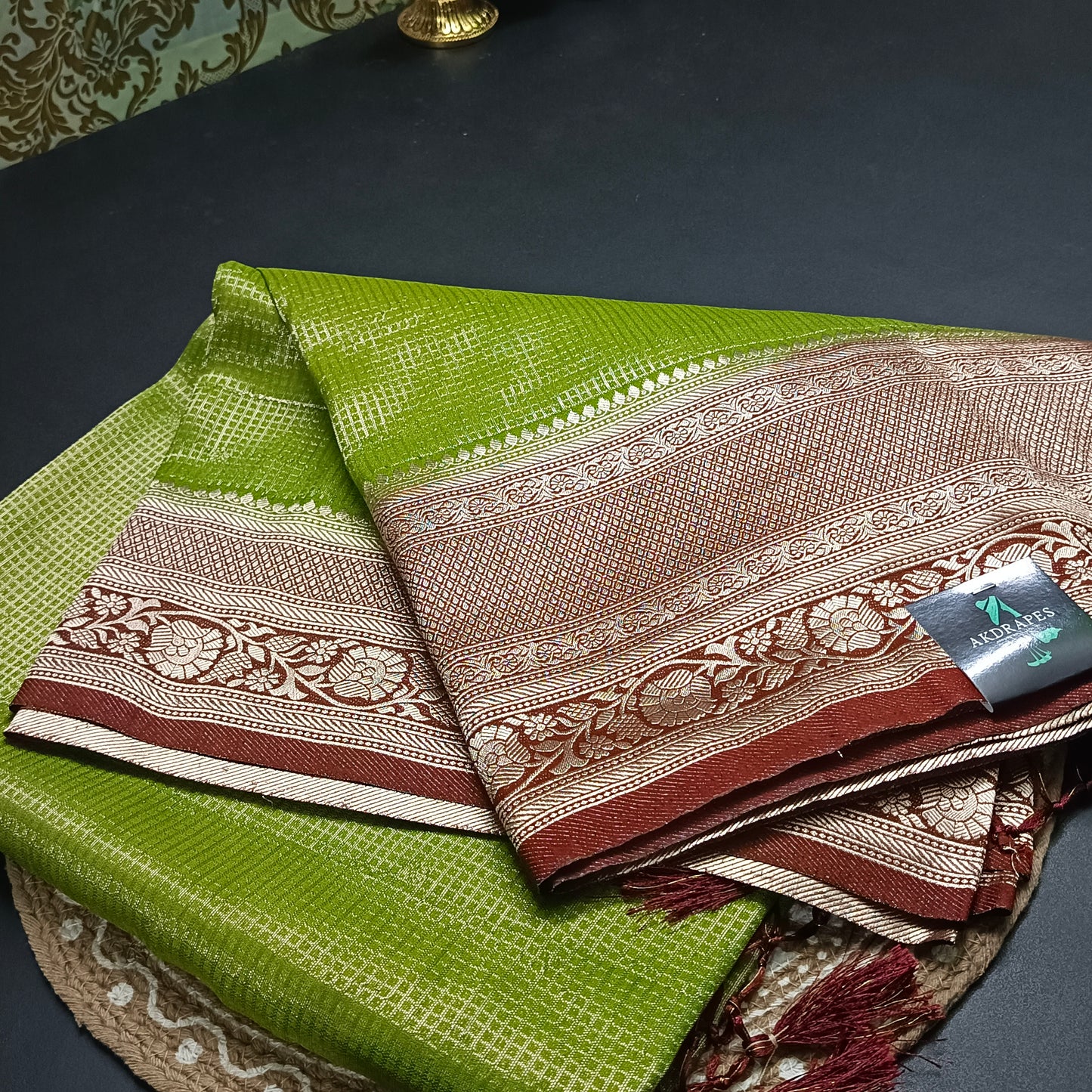 Olive green Zari tara vegan banarasi kaddi georgette saree MA25258
