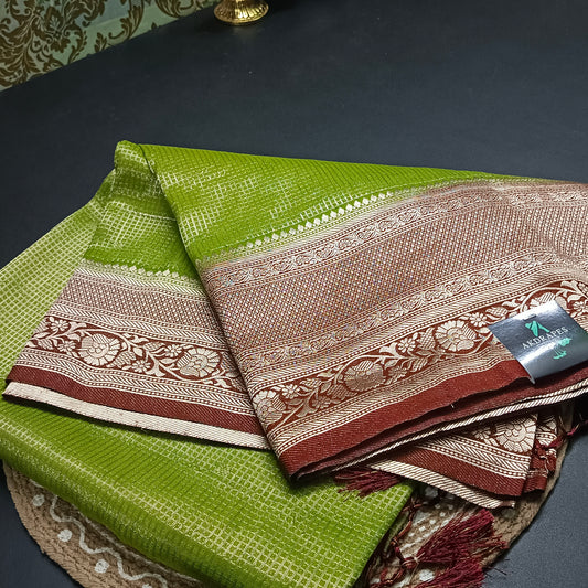 Olive green Zari tara vegan banarasi kaddi georgette saree MA25258