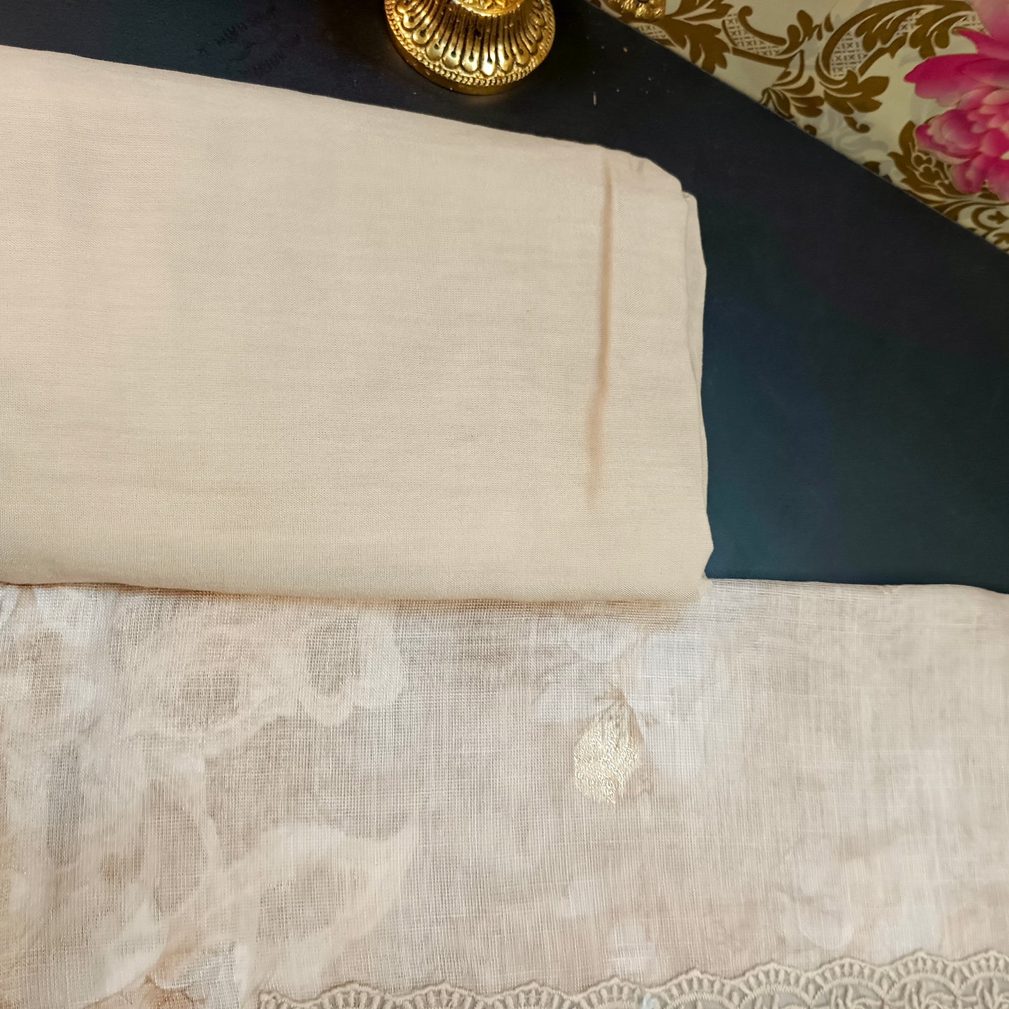 Beige Linen Jamdhani Cutwork vegan Unstitched Suit PA25067