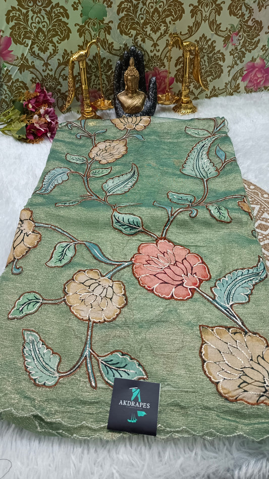 Green Floral symphony applique vegan tissue saree SA25714