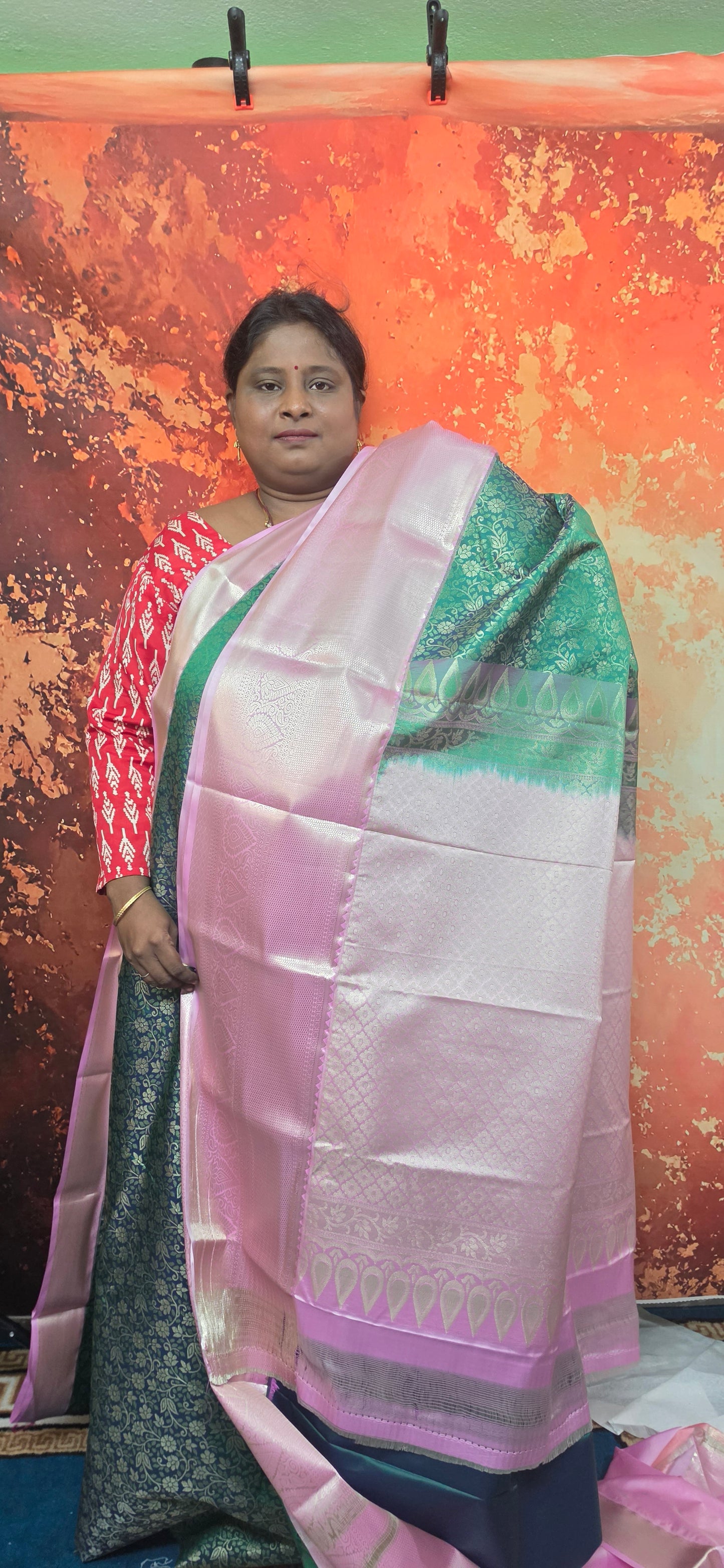 Green with Pastel Pink Aishwariyam Vegan Kanchi Brocade silk saree LA25947