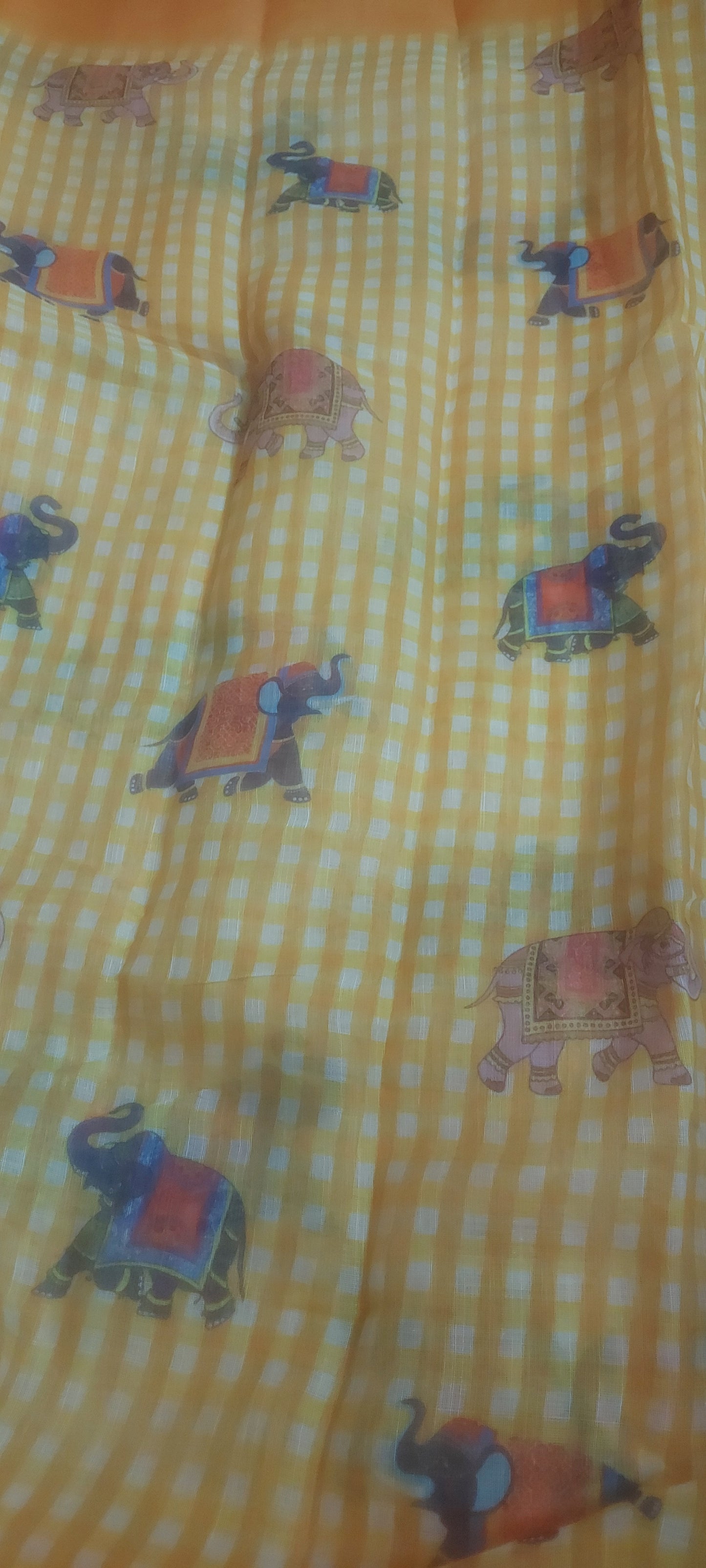 Yellow Gingnam checks elephant vegan linen saree JA26013