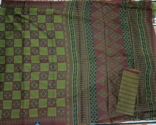 Green Malai Maska ikkat screen printed vegan malai cotton saree HA25541