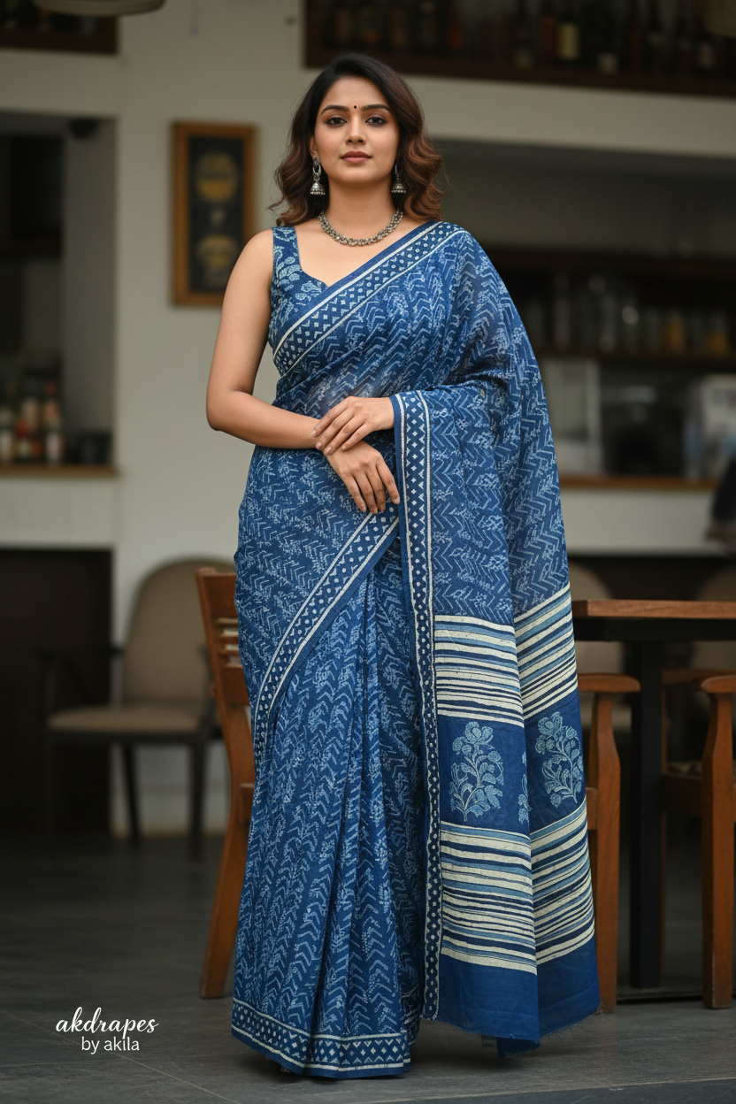 Indigo Vegan floral Jaipur cotton saree SA25750