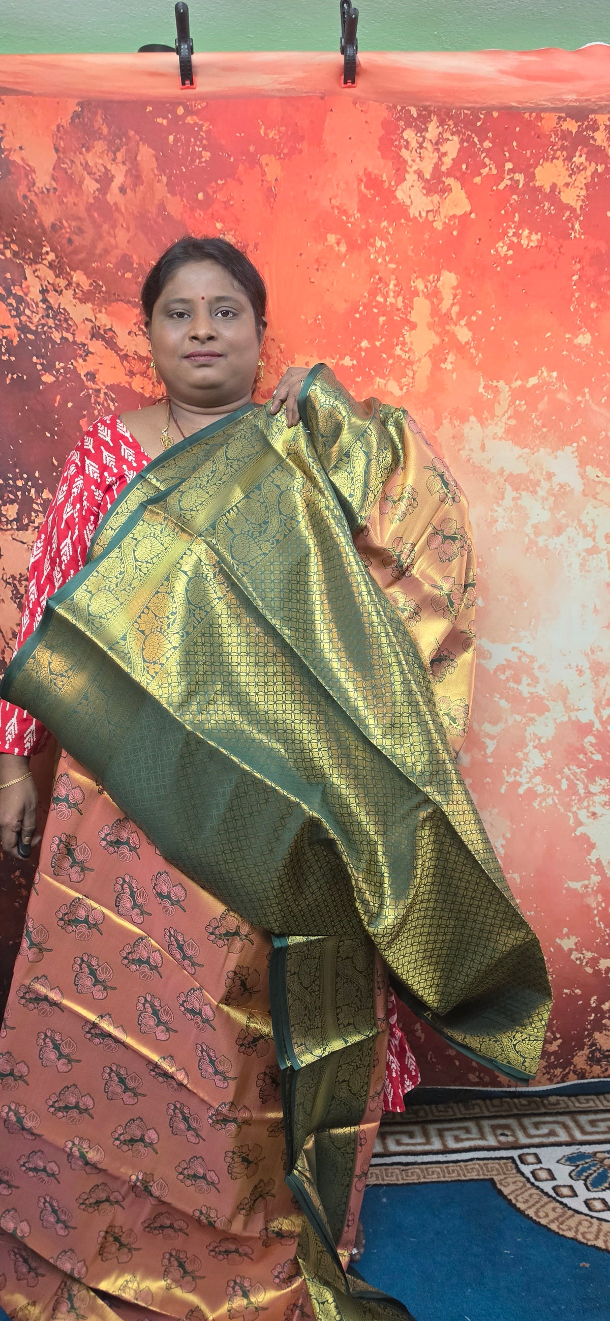 Peach with Green Mangala Pushpam Vegan Kanchi tissue saree JA25295