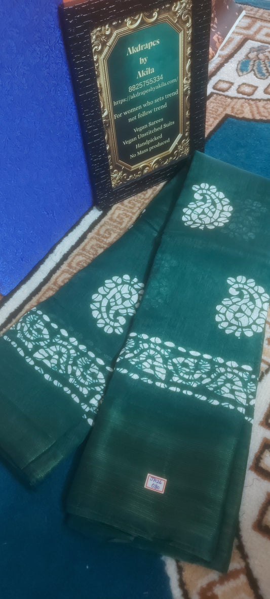 Bottle Green Mango Batik linen zari border saree JA26030