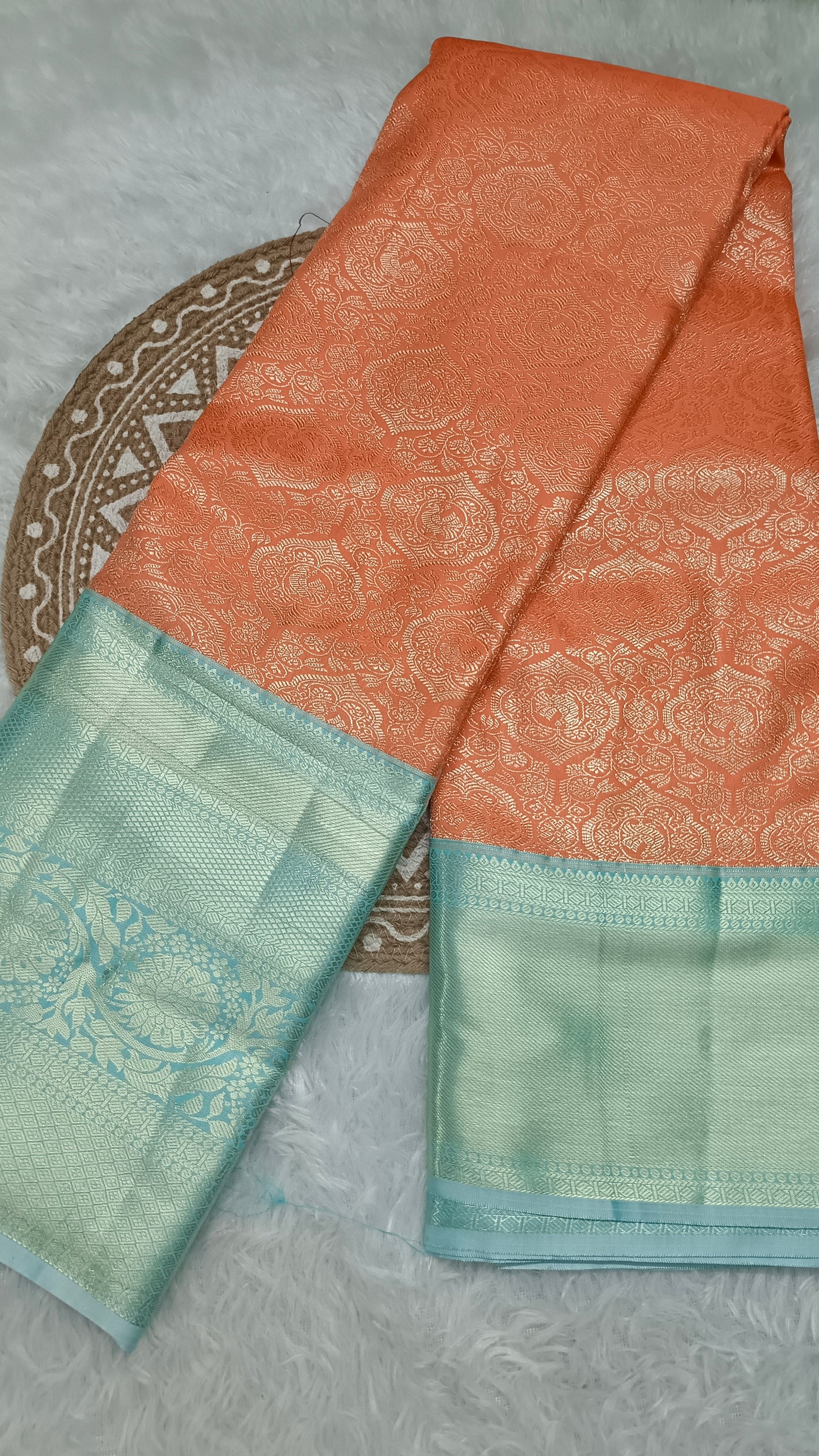 Peach with pastel green Aishwariyam vegan kanchi brocade silk saree LA25949