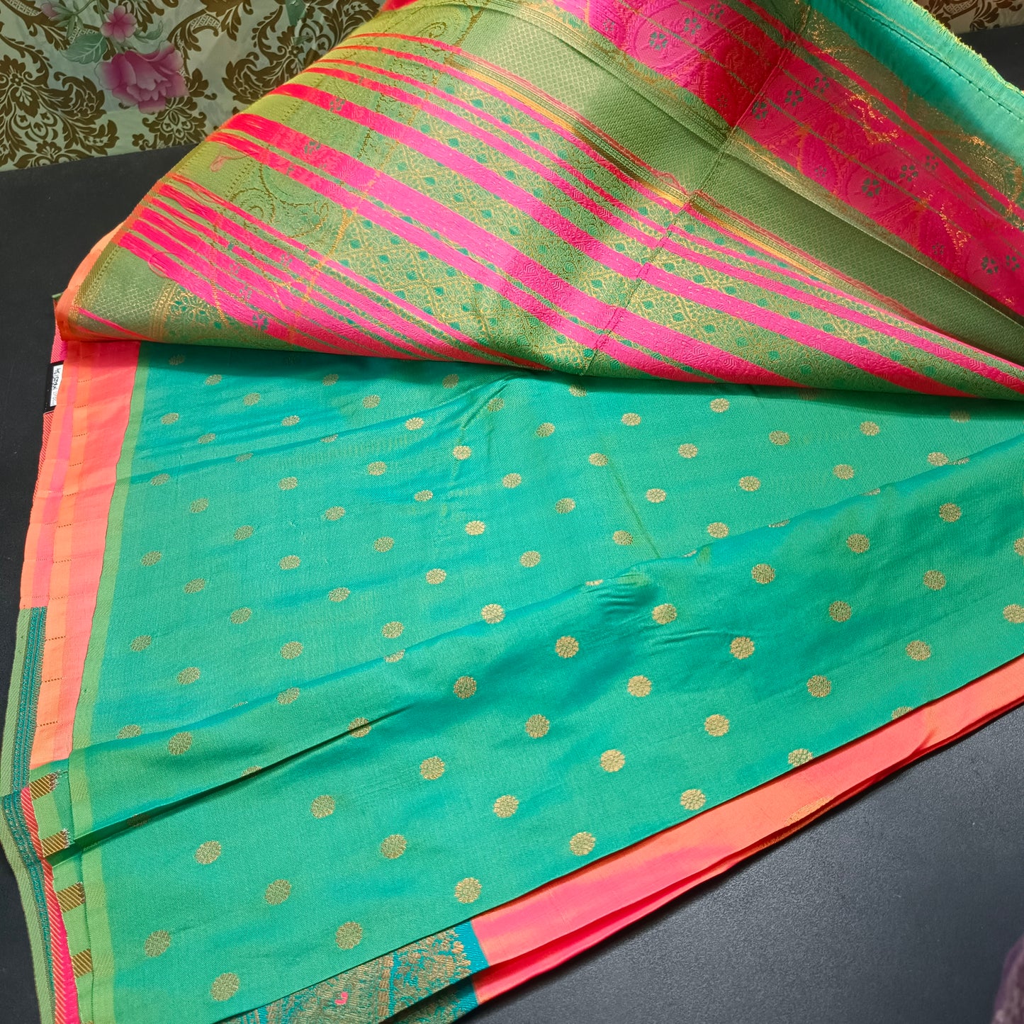 Peach seagreen Pavazha Pattu vegan Kanchi silk saree MA25134