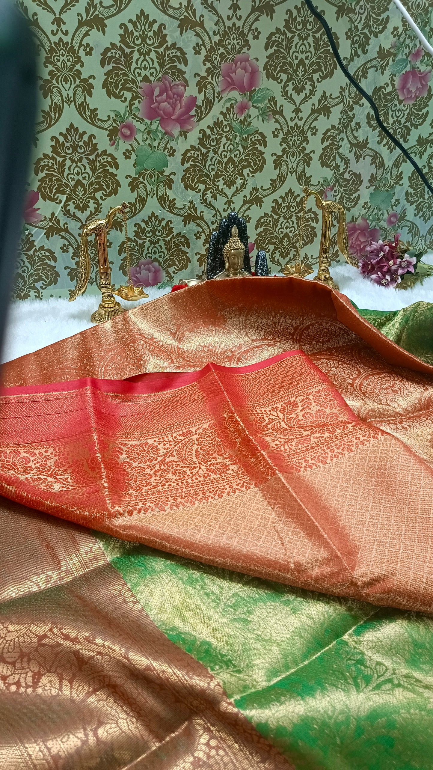 Green with Red Ratna Vastra Vegan kanchi tissue silk saree MA25080