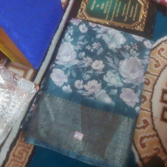 peacock blue Vegan dola floral Weaving border saree JA26100