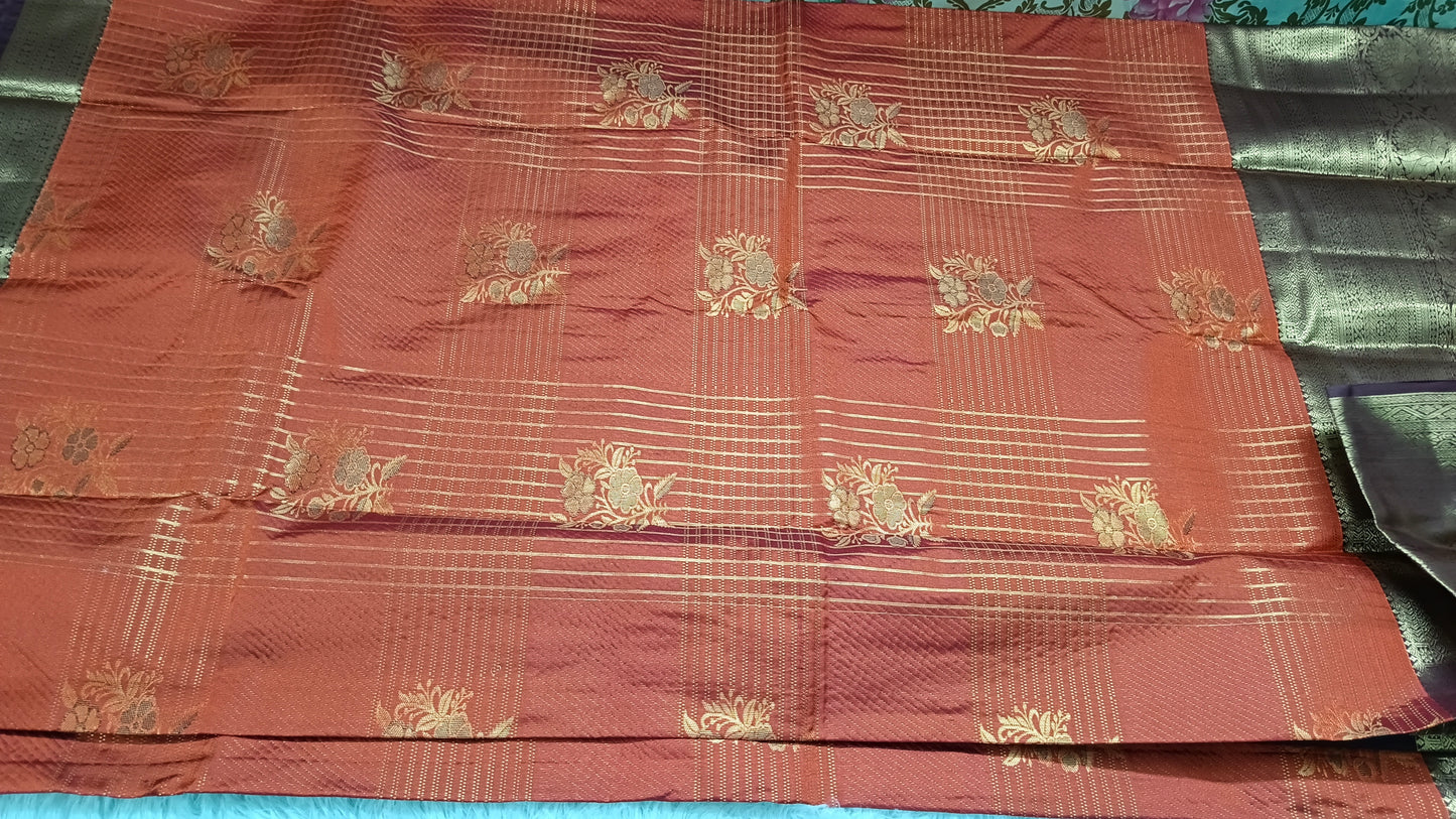 Rust Orange with coffee brown Parijatham Vegan premium kanchi brocade silk saree LA25924