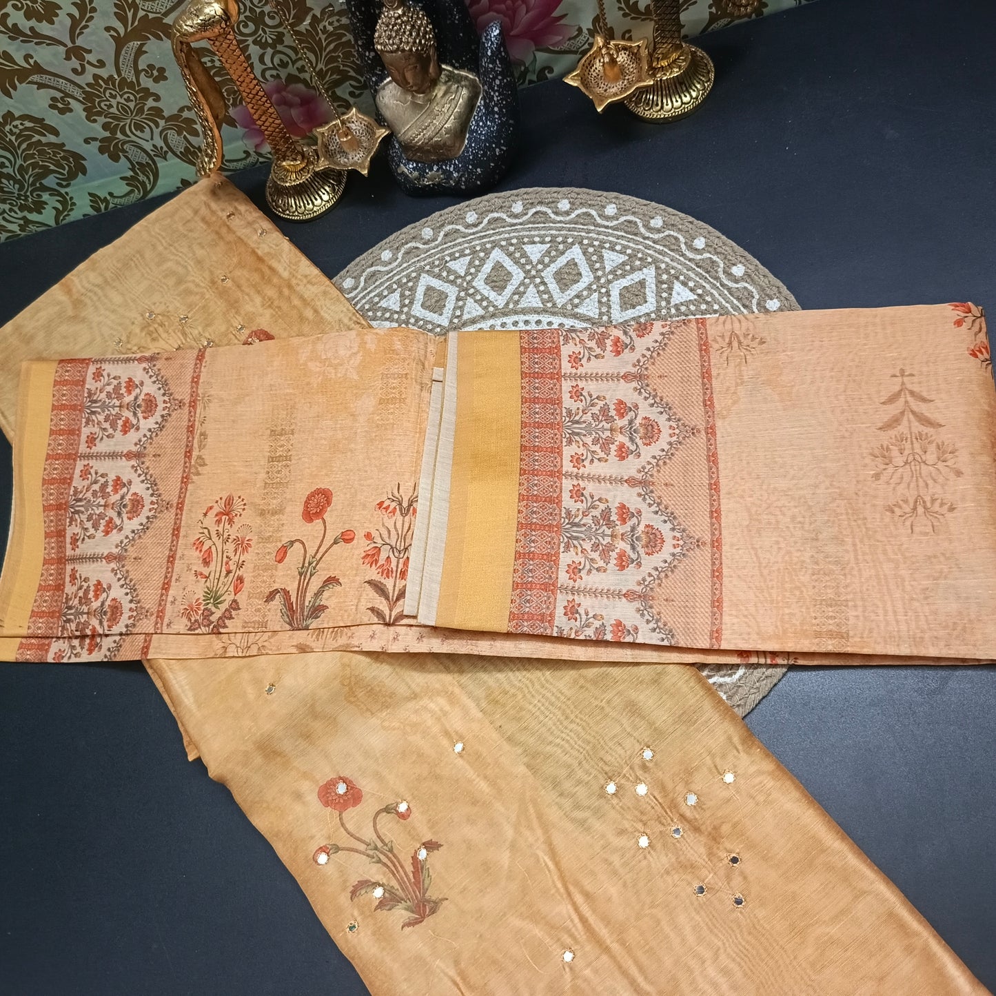 Orange Vegan chanderi pichwai unstitched suits HA25364