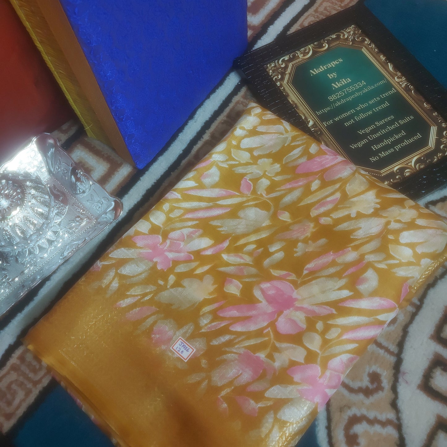 Mustard Yellow Vegan dola floral Weaving border saree JA26118