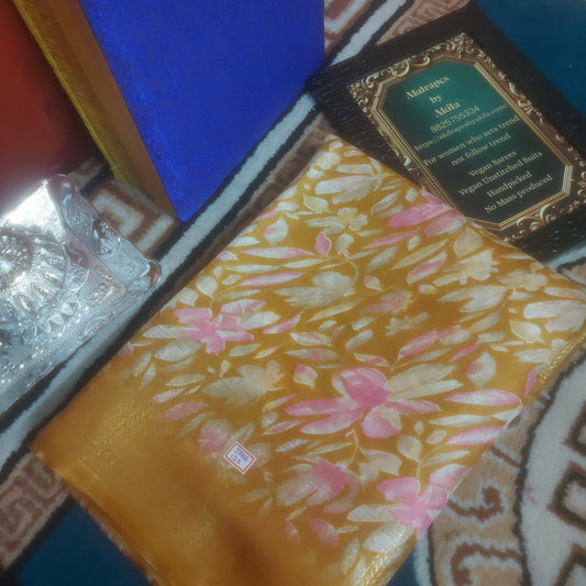Mustard Yellow Vegan dola floral Weaving border saree JA26120