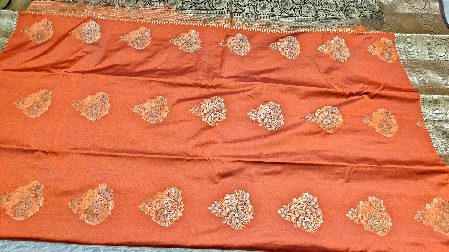 Rust Orange with coffee brown Varnajalam vegan premium kanchi silk saree LA25910