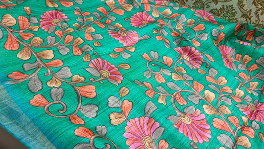 Green with blue khushboo digital printed kalamkari vegan tussar saree SA25695