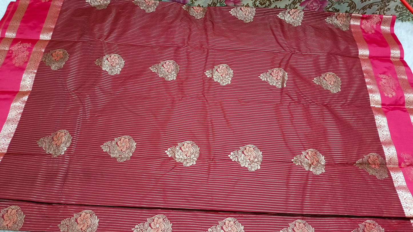 Brown with red Parijatham Vegan premium kanchi brocade silk saree LA25931