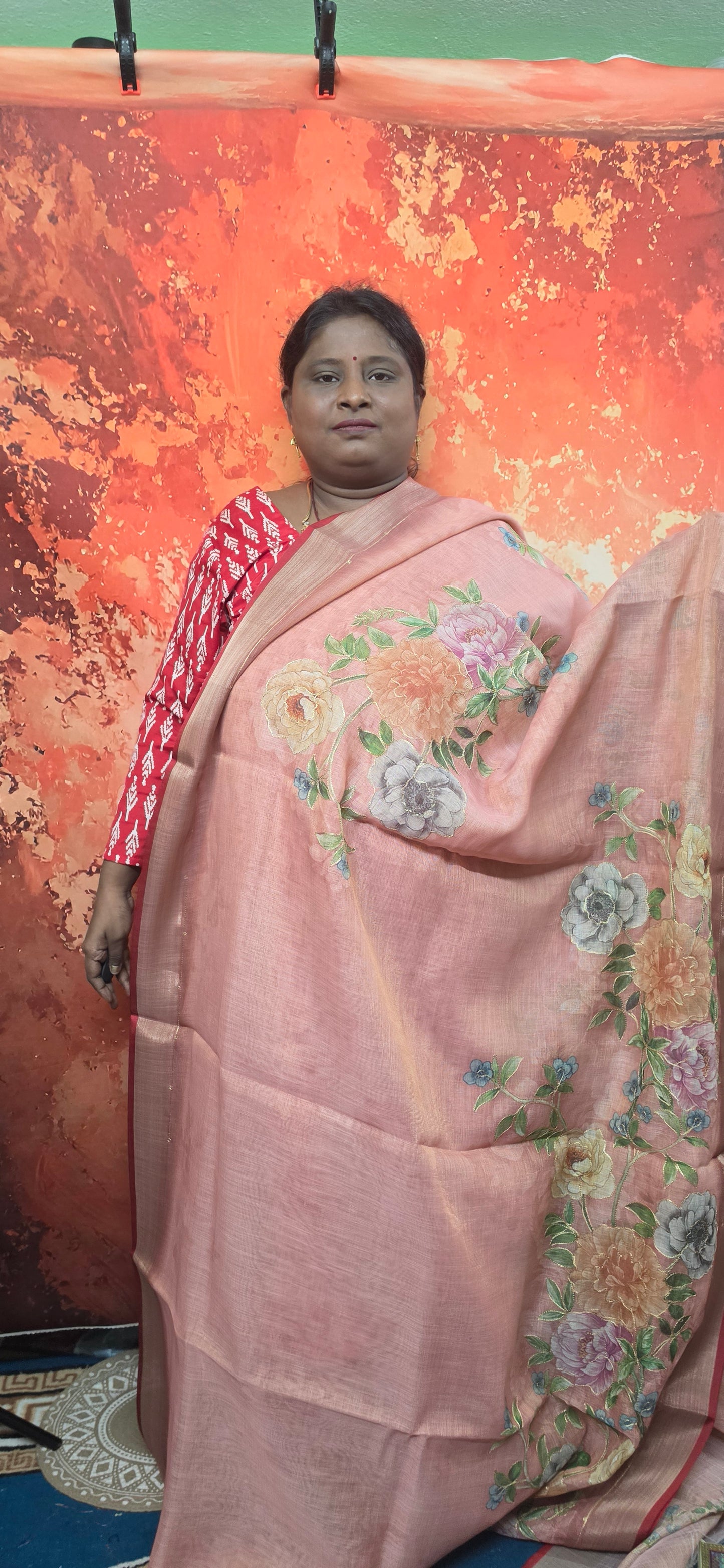 Peach Vegan linen Mystic floral saree SA25712