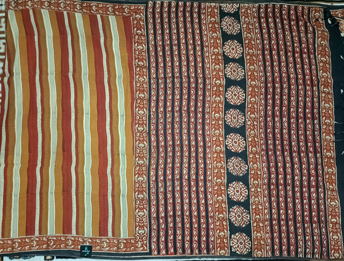 Red Mustard Vegan assam silk cotton bagru printed saree HA25536